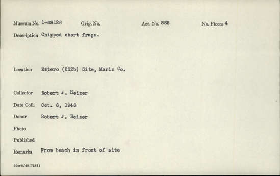 Documentation associated with Hearst Museum object titled Worked stone, accession number 1-68126, described as Chipped chert fragments. Notice: Image restricted due to its potentially sensitive nature. Contact Museum to request access.