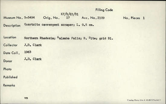 Documentation associated with Hearst Museum object titled Scraper, accession number 5-5494, described as Quartzite convergent scraper; L. 9.5 cm