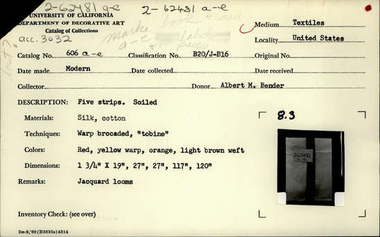 Documentation associated with Hearst Museum object titled Belt, accession number 2-62481a-e, described as 5 strips; soiled, silk, cotton, warp brocaded, “tobine,” colors red yellow warp, orange, light brown weft, Jacquard looms