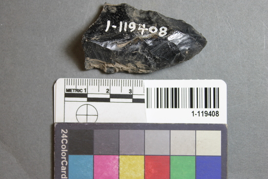 Hearst Museum object titled Blade fragment, accession number 1-119408, described as Obsidian