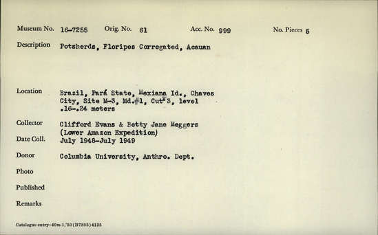 Documentation associated with Hearst Museum object titled Potsherds, accession number 16-7255, described as Potsherds; Floripes Corregated