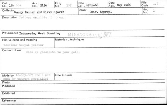 Documentation associated with Hearst Museum object titled Pottery crucible, accession number 18-664, described as Pottery crucible. Used by goldsmith to pour gold. Length 6 cm.