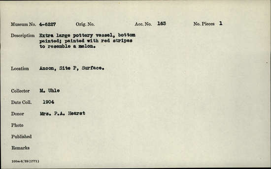 Documentation associated with Hearst Museum object titled Vessel, accession number 4-6227, described as Extra large pottery vessel, bottom painted; painted with red stripes to resemble a melon