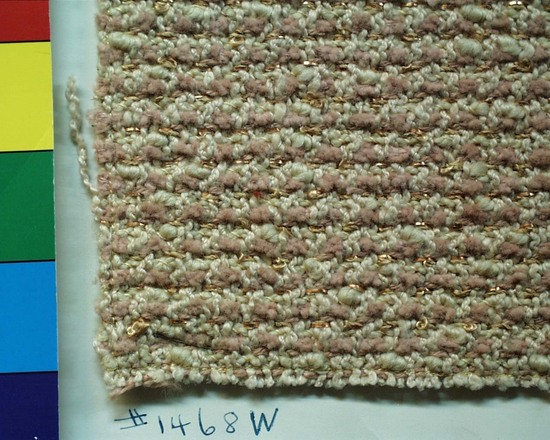 Hearst Museum object titled Textile sample, accession number 2-63194, described as Sample. Cotton, synthetic, lurex. twill. Beige, cream, pink, copper. Handwoven