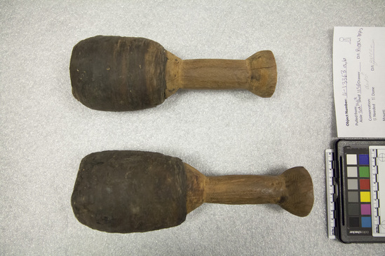 Hearst Museum object titled Mallets, accession number 16-13363a,b, described as two drum mallets