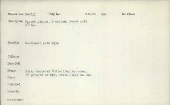 Documentation associated with Hearst Museum object titled Tray, accession number 9-2211, described as Basket plaque, 5 angled, 1 rod coil. 8 inch diameter.