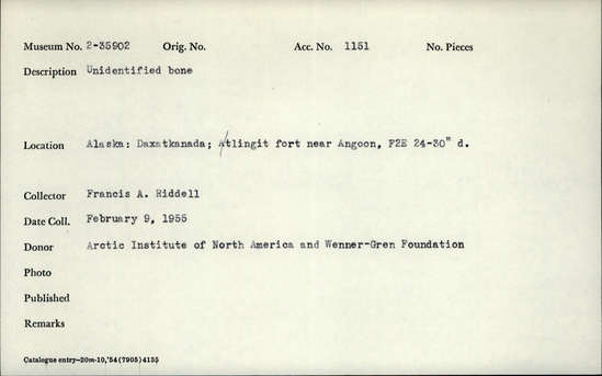 Documentation associated with Hearst Museum object titled Faunal remains, accession number 2-35902, described as Unidentified bone. Phalanx.