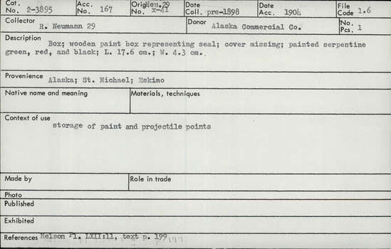 Documentation associated with Hearst Museum object titled Box, accession number 2-3895, described as Wooden paint box (with lid missing) representing a seal moving on ice. A serpentine is painted in green, red, and black. Used for storage of paints and projectile points.