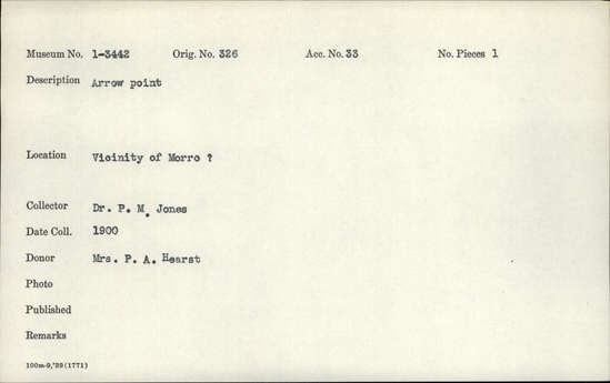 Documentation associated with Hearst Museum object titled Projectile point, accession number 1-3442, described as Arrowpoint