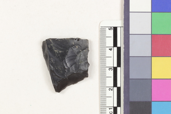 Hearst Museum object 2 of 2 titled Flake fragment, accession number 16-14382, described as Projectile point fragment; obsidian; triangular; weight: 4.35 grams; length: 2.4 cm; width: 2.75 cm; depth: 0.61 cm.