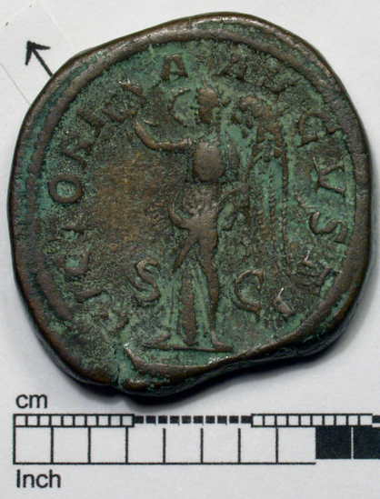 Hearst Museum object 7 of 8 titled Coin: æ sestertius, accession number 8-5655, described as Coin. Roman. Sestertius, Æ. (   grams; 34 mm). Severus Alexander. 222-231/5 AD. Rome. Obverse: IMP  SEV  ALEXANDER  AVG   Bust facing right, laureate. Reverse: VICTORIA AVGVSTI   Victory standing facing left, holding wreath and palm; S C in field.