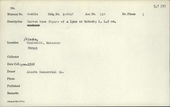 Documentation associated with Hearst Museum object titled Zoomorph, accession number 2-6054, described as Carved bone figure of a lynx or bobcat.