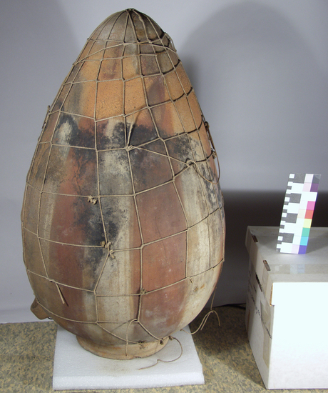 Hearst Museum object 1 of 4 titled Vessel, accession number 4-6227, described as Extra large pottery vessel, bottom painted; painted with red stripes to resemble a melon