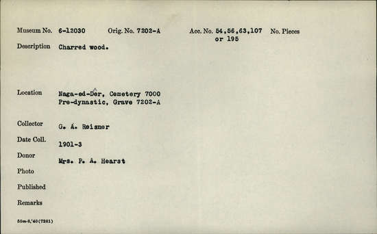 Documentation associated with Hearst Museum object titled Charred wood, accession number 6-12030, described as Charred wood.
