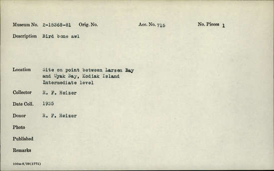 Documentation associated with Hearst Museum object titled Awl, accession number 2-15373, described as Bird ulna bone awl