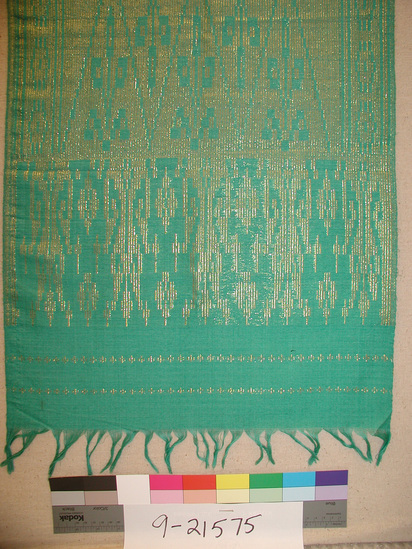 Hearst Museum object titled Shawl, accession number 9-21575, described as Shawl; light blue-green with supplemental weft gold metallic geometric pattern; 14 cm border with small gold crosses; 7.5 cm warp fringe;