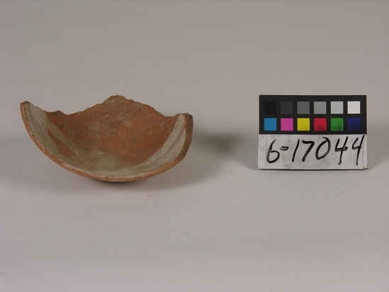 Hearst Museum object titled Bowl fragment, accession number 6-17044, described as pottery: red bowl fragment; rim painted white, diameter 14, height 4 cm