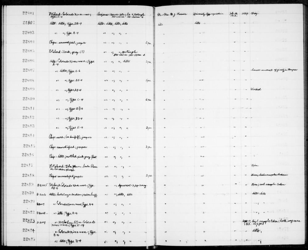 Documentation associated with Hearst Museum object titled Flake and potsherd?, accession number 2-22816, described as Colorado River ware; mottled pink-gray flint