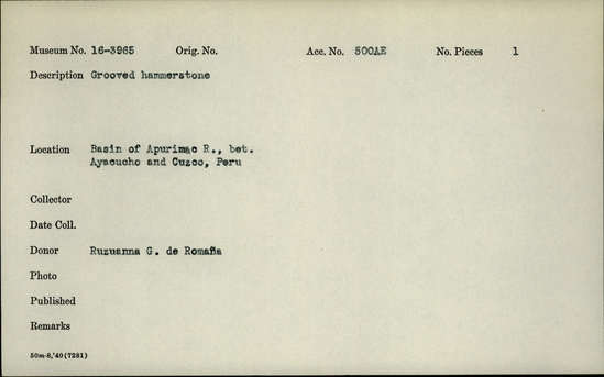 Documentation associated with Hearst Museum object titled Pestle, accession number 16-3965, described as Grooved hammerstone