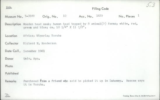 Documentation associated with Hearst Museum object titled Mask, accession number 5-3848, described as wooden head mask;  human head topped by 8 animal (?) forms;  white, red, green and blue;  ca. 10 1/4" x 11 1/2".