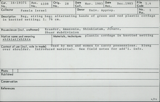 Documentation associated with Hearst Museum object titled Net, accession number 16-19371, no description available.