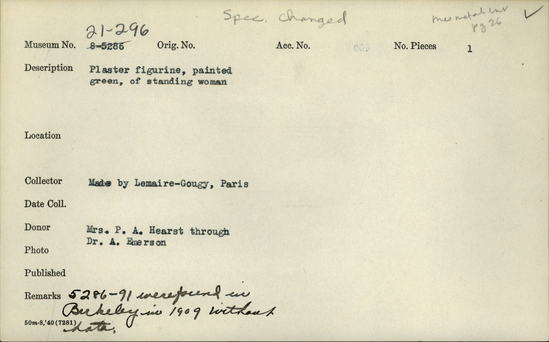 Documentation associated with Hearst Museum object titled Recataloged to 5-4616, accession number 8-5289, described as Plaster figurine, painted green, of standing woman