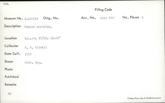 Documentation associated with Hearst Museum object titled Lithic, accession number 1-148424, described as Worked.