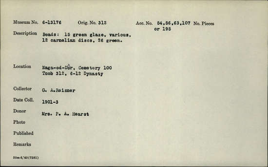 Documentation associated with Hearst Museum object titled Beads, accession number 6-13176, described as Beads: 15 green glaze, various, 12 carnelian discs, 26 green. [inv.: ball and ring beads, original object count: 53?]