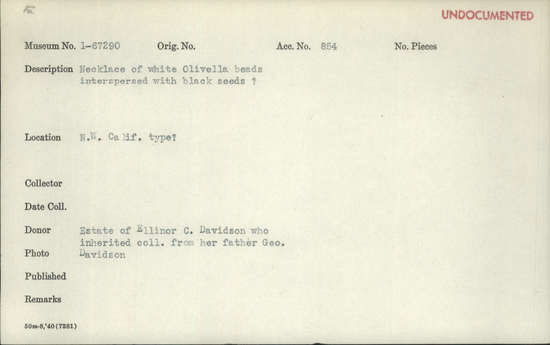 Documentation associated with Hearst Museum object titled Necklace, accession number 1-67290, described as Necklace of white Olivella beads interspersed with black seeds?