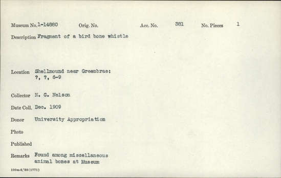 Documentation associated with Hearst Museum object titled Whistle fragment, accession number 1-14880, described as Bird bone. Notice: Image restricted due to its potentially sensitive nature. Contact Museum to request access.