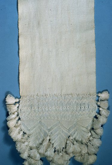 Hearst Museum object titled Color slide, accession number 25-23478, described as Milta shawl (knotted) whole - white