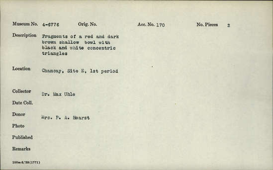 Documentation associated with Hearst Museum object titled Bowl fragments, accession number 4-6776, no description available.