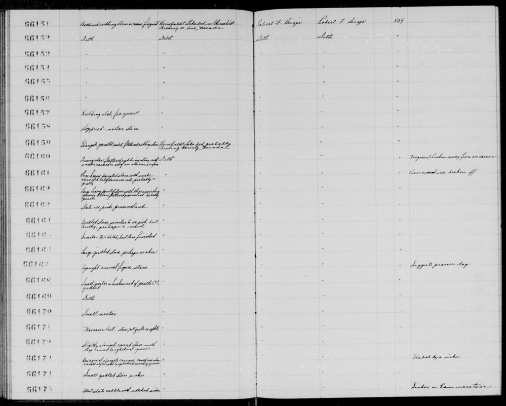 Documentation associated with Hearst Museum object titled Sinker or hammerstone, accession number 1-66175, described as Flat slate cobble, with notched sides.