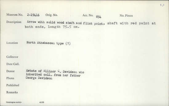 Documentation associated with Hearst Museum object titled Arrow, accession number 2-19416, described as Arrow with solid wood shaft and flint point. Shaft with red paint at both ends.