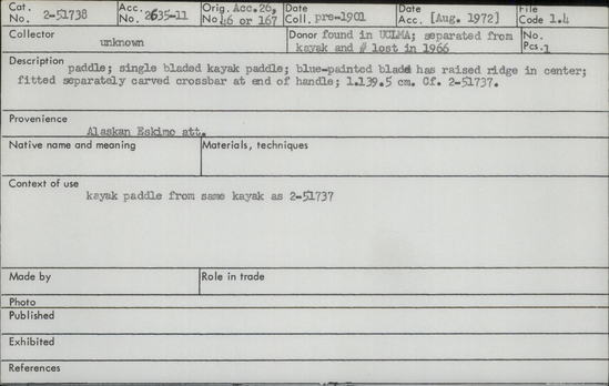 Documentation associated with Hearst Museum object titled Paddle, accession number 2-51738, described as Single-bladed kayak paddle; blue painted blade has raised ridge in center; fitted separately carved crossbar at end of handle.