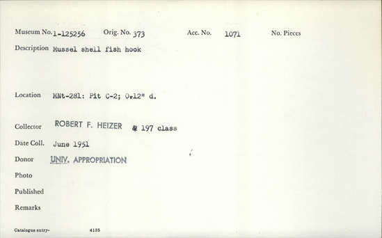 Documentation associated with Hearst Museum object titled Fishhook, accession number 1-125256, described as Mussel shell fishhook.