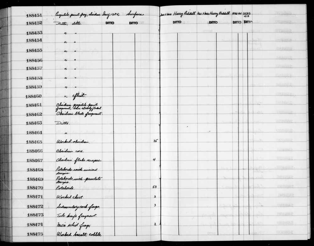 Documentation associated with Hearst Museum object titled Scrapers, accession number 1-188467, described as Obsidian flake scrapers.