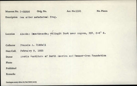 Documentation associated with Hearst Museum object titled Mammal bone, accession number 2-35396, described as Sea otter metatarsal fragment