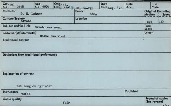 Documentation associated with Hearst Museum object titled Audio recording, accession number 24-2758, described as Navajo War Song