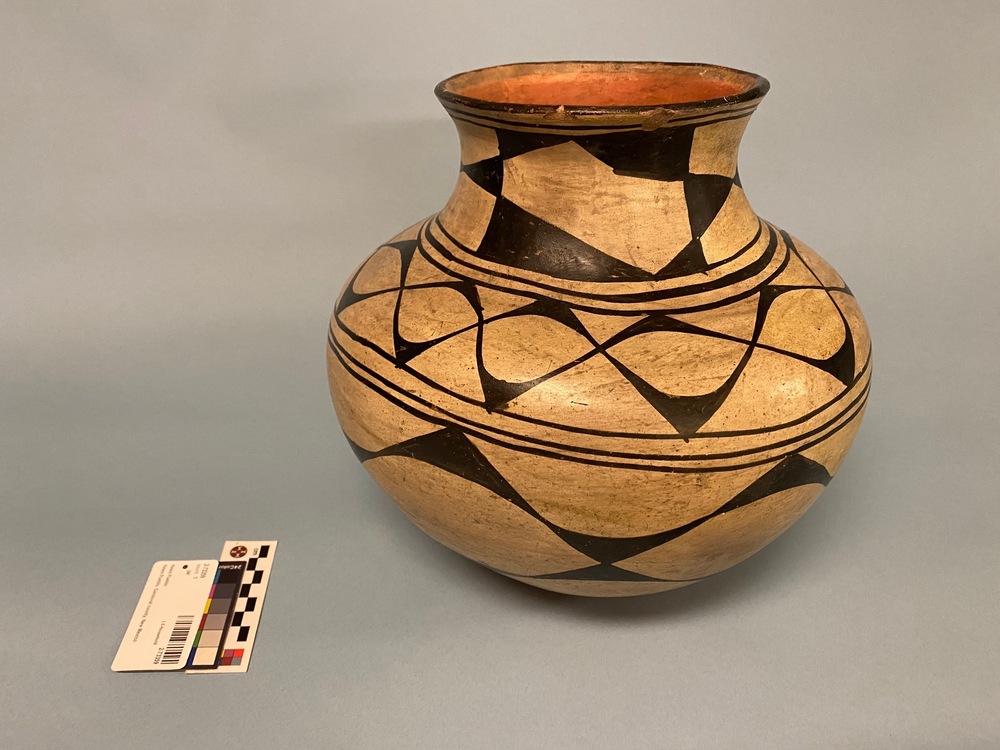 Hearst Museum object titled Jar, accession number 2-73359, described as Polychrome ceramic jar, Kewa Pueblo, 1890s.