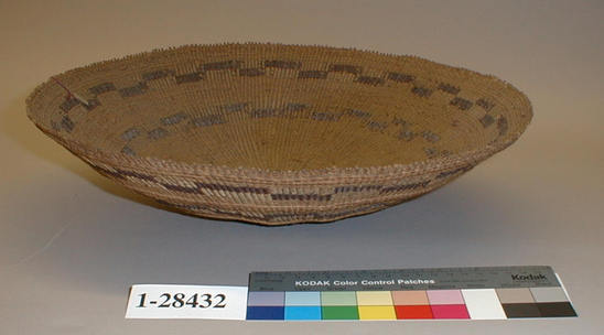 Hearst Museum object 1 of 4 titled Basket, accession number 1-28432, described as Twined basket tray.  3 brown bands in design.