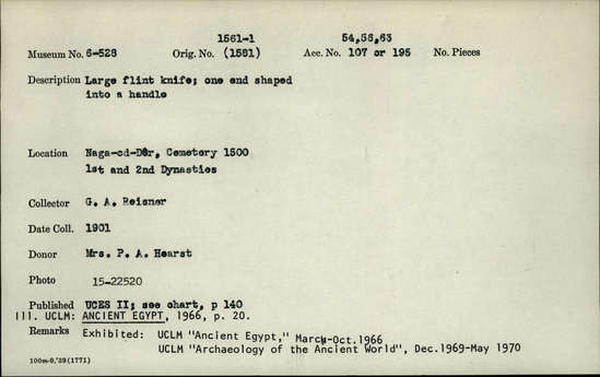 Documentation associated with Hearst Museum object titled Knife, accession number 6-528, described as Large flint knife; one end shaped into a handle