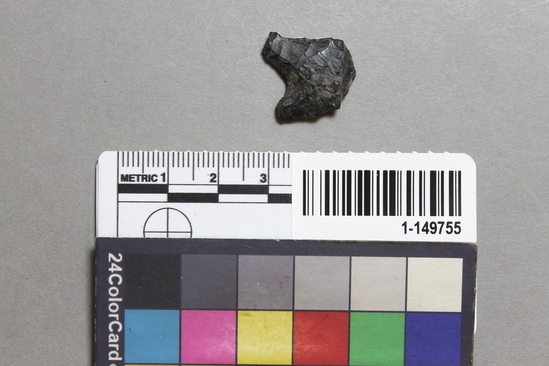 Hearst Museum object titled Point fragment, accession number 1-149755, described as Obsidian projectile, unnotched, unstemmed, expanding, bifurcated base