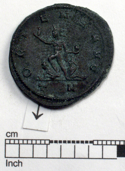 Hearst Museum object 4 of 8 titled Coin: billon antoninianus, accession number 8-4068, described as Coin; Billon; Antoninianus; Roman. 5.40 grams, 26 mm. Aurelian, 270-275 AD. Rome, Italy. Obverse: IMP C AVRELIANVS, Bust r. radiate. Reverse: ORIENS AVG, Sol l., between two captives, in exergue T M