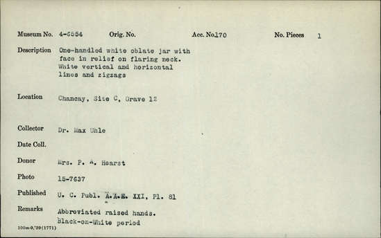 Documentation associated with Hearst Museum object titled Jar, accession number 4-6554, no description available.