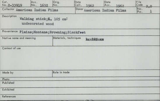 Documentation associated with Hearst Museum object titled Walking stick, accession number 2-33919, described as Undecorated wood.