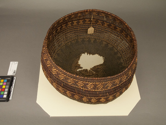 Hearst Museum object 2 of 3 titled Basket, accession number 1-29025, described as Long, twined, redbud. Called akaputno per Sandy Clark, North Fork Mono basket maker.