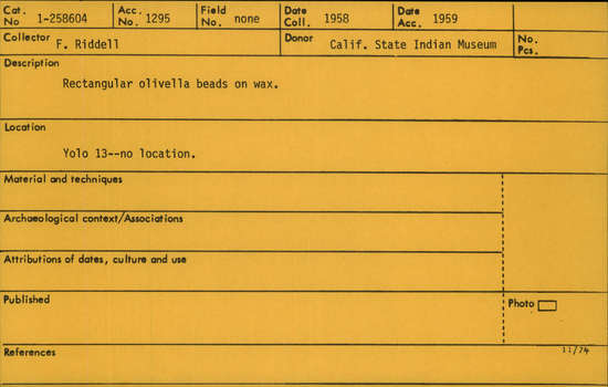 Documentation associated with Hearst Museum object titled Bead pattern, accession number 1-258604, described as Rectangular olivella, in wax.