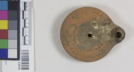 Hearst Museum object 2 of 7 titled Oil lamp, accession number 6-8316, described as Pottery lamp, classic type.