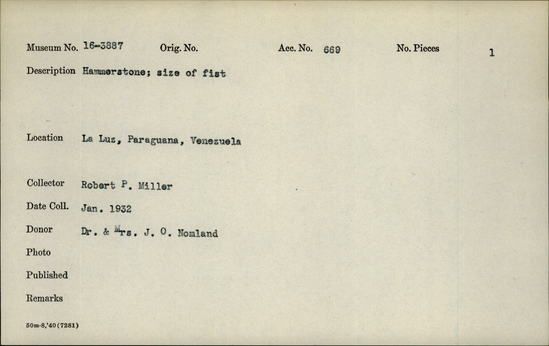 Documentation associated with Hearst Museum object titled Stone, accession number 16-3887, described as Hammerstone; size of fist